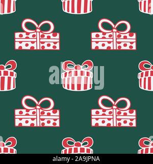 Modello senza cuciture con disegnati a mano doodle illustrazione di un regalo di Natale di scatole. Nuovo anno e vettore di Natale presenta. Tessuto festoso. La stampa tessile te Illustrazione Vettoriale