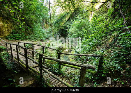 Valle del fiume Alento a Serramonacesca (Italia): ponte in legno sul fiume in una lussureggiante foresta Foto Stock