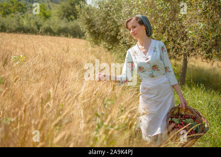 Donna in 40s vestiti passeggiate in campagna italiana, accanto ad un campo di grano, portando un cesto di ciliegie Foto Stock