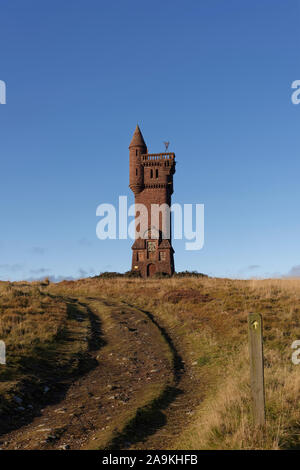 Il percorso o la traccia con il suo legno indicatore di direzione rivolta verso il Monumento di Airlie sulla sommità della collina Tulloch in Glen Prosen. Foto Stock