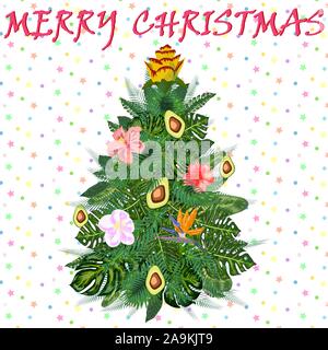 Natale tropicale. Albero di Natale fatto di foglie di palma e avocado Illustrazione Vettoriale