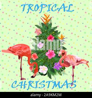 Natale tropicale. Flamingo, foglie di palma e fiocchi di neve. Modello per i biglietti e inviti per le feste. Albero di Natale fatto di foglie tropicali Illustrazione Vettoriale