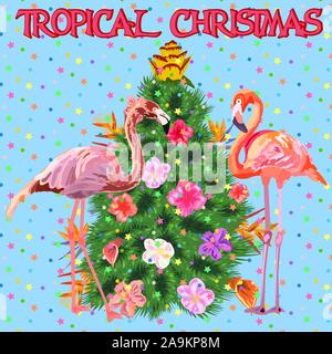 Natale tropicale. Flamingo, foglie di palma e fiocchi di neve. Modello per i biglietti e inviti per le feste. Albero di Natale fatto di foglie tropicali Illustrazione Vettoriale