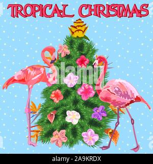 Natale tropicale. Flamingo, foglie di palma e fiocchi di neve. Modello per i biglietti e inviti per le feste. Albero di Natale fatto di foglie tropicali Illustrazione Vettoriale