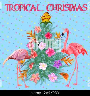 Natale tropicale. Flamingo, foglie di palma e fiocchi di neve. Modello per i biglietti e inviti per le feste. Albero di Natale fatto di foglie tropicali Illustrazione Vettoriale