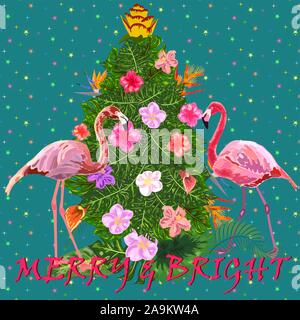 Natale tropicale. Flamingo, foglie di palma e fiocchi di neve. Modello per i biglietti e inviti per le feste. Albero di Natale fatto di foglie tropicali Illustrazione Vettoriale