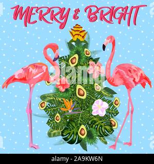 Natale tropicale. Flamingo, foglie di palma e fiocchi di neve. Modello per i biglietti e inviti per le feste. Albero di Natale fatto di foglie di palma e avocado Illustrazione Vettoriale