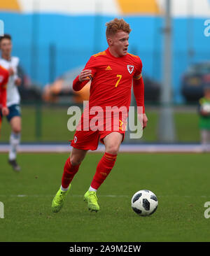 Leckwith Stadium di Cardiff, Glamorgan, Regno Unito. Xvi Nov, 2019. Campionato Europeo Under 19 qualificatori 2020, Russia sotto 19s contro il Galles sotto 19s; Sam Pearson del Galles sotto 19 - Editoriale usare carte di credito: Azione Plus sport/Alamy Live News Foto Stock