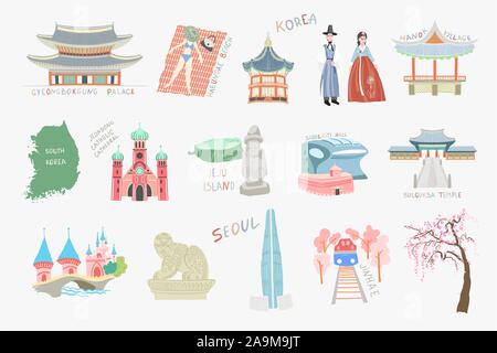 Set di doodle piatta illustrazione vettoriale luoghi di interesse e attrazioni della Corea del Sud Illustrazione Vettoriale