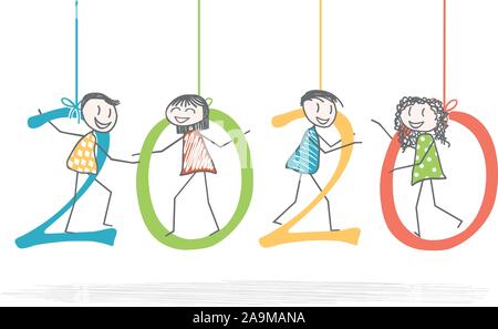 Gli uomini e le donne nel 2020 figure per il nuovo anno Illustrazione Vettoriale