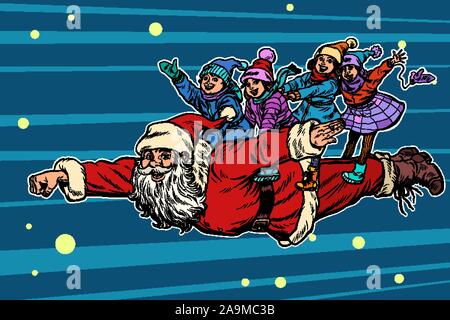 Il supereroe che Babbo Natale con i bambini. Natale e Anno Nuovo Illustrazione Vettoriale