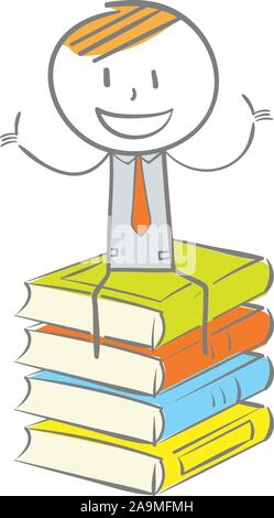 Doodle stick figura: seduta sulla pila di prenotare con il pollice in alto Illustrazione Vettoriale