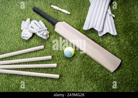 Close-up di Cricket in legno Bat e la sfera su erba del fondo erboso Foto Stock