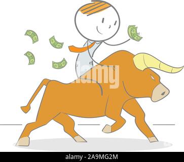 Doodle illustrazione di un imprenditore tenendo il denaro a cavallo di un toro Illustrazione Vettoriale
