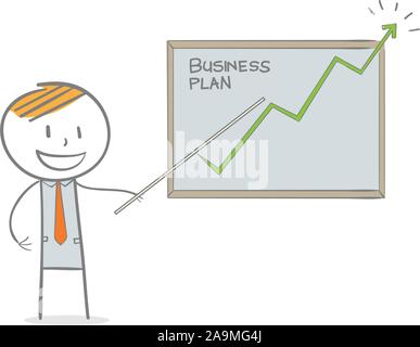 Doodle stick figura: Business man che mostra un grafico in crescita Illustrazione Vettoriale