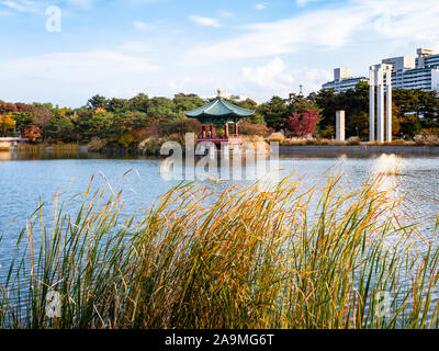 Viaggio in Corea del Sud - erba verde e stagno Geowul davanti al Museo Nazionale di Corea a Seoul Città sulla soleggiata giornata autunnale Foto Stock