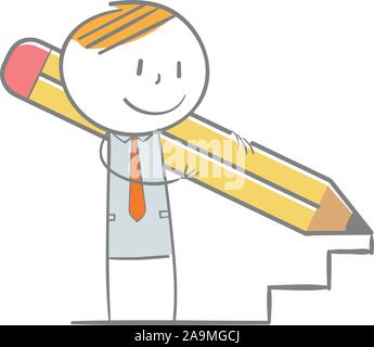 Doodle stick figura: Business man progettazione un gradino con una matita Illustrazione Vettoriale