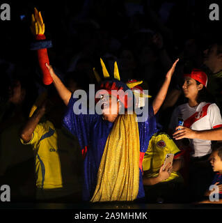 Giardini di Miami, Florida, Stati Uniti d'America. Xv Nov, 2019. Una ventola colombiano canta con entusiasmo durante un amichevole partita di calcio tra la Colombia e il Perù all'Hard Rock Stadium di Miami, Florida. Credito: Mario Houben/ZUMA filo/Alamy Live News Foto Stock