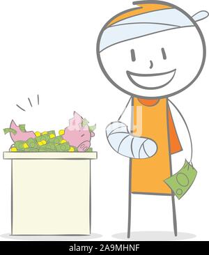 Doodle stick figura: Home concetto di assicurazione. Uomo ferito sembra felice con la pila di denaro Illustrazione Vettoriale