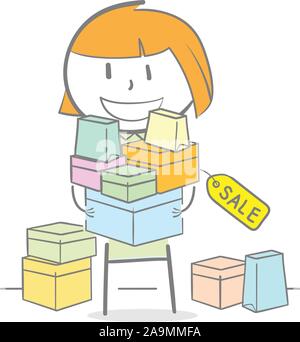 Doodle illustrazione della donna shopping con prodotti di sovraccarico Illustrazione Vettoriale