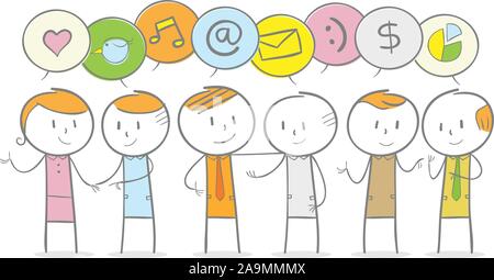 Doodle stick figura: gruppo di persone che parlano in fumetti Illustrazione Vettoriale