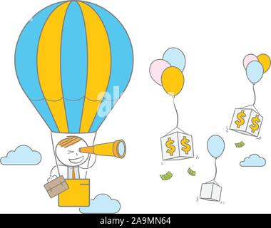 Doodle stick figura sul pallone aerostatico cercando dollar sign attraverso un binocolo Illustrazione Vettoriale