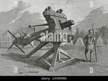 Età Antica. La Balista o bullone thrower, antica arma del missile. Incisione. Museo Militar, 1883. Foto Stock