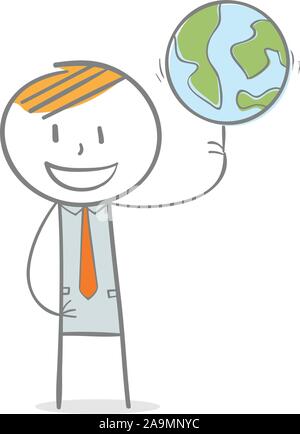 Doodle stick figura: Imprenditore con globo mondo sul suo dito Illustrazione Vettoriale