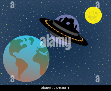 Amore giovane battenti in UFO straniero astronave sopra e tra la terra e la luna in futuro. La fantascienza, la vita del futuro, futuristico di previsione. Foto Stock