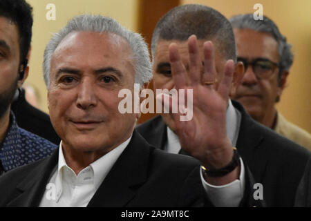 Sao Paulo, Brasile. 16 Nov 2019. Michel Temer, ex presidente della Repubblica, durante il V Congresso Nazionale del Brasile Libera circolazione (MBL) questo sabato, (16) al WTC Eventi, in São Paulo. (Foto: Roberto Casimiro/Fotoarena) Credito: Foto Arena LTDA/Alamy Live News Foto Stock