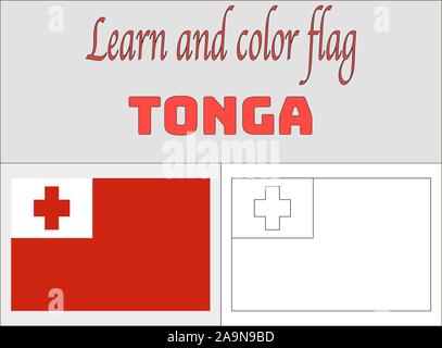 Tonga bandiera nazionale Coloring Book pages per l educazione e l apprendimento. colori originali, proporzione. illustrazione vettoriale, paesi set. Illustrazione Vettoriale
