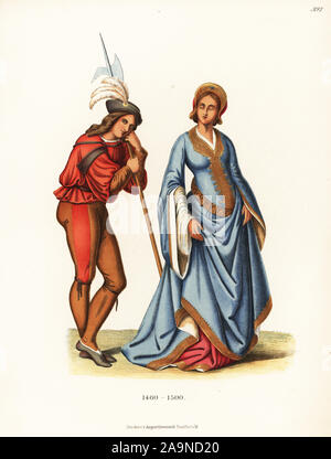 Moda italiana del tardo XV secolo. Una nobildonna di un tappeto ora nel Corpus Domini, Roma. Un soldato romano con il luccio da un affresco nella biblioteca della Basilica di Siena. Chromolithograph da Hefner-Alteneck i costumi, opere d'arte e apparecchi dal Medioevo fino al XVII secolo, Francoforte, 1889. Il dott. Hefner-Alteneck (1811 - 1903) era un museo tedesco curatore, archeologo, storico dell'arte, illustratore e incisore. Foto Stock