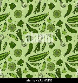 Modello senza cuciture con verde disegnata a mano di frutta e verdura. Delineare gli oggetti colorati su sfondo verde. Vector illustartion. Illustrazione Vettoriale