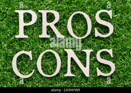 Alfabeto di legno in word pro cons su artificiali erba verde sullo sfondo Foto Stock