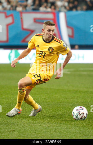 San Pietroburgo, Russia. Xvi Nov, 2019. Timothy Castagne del Belgio visto in azione durante l'Euro 2020 turno di qualificazione gruppo i match tra Russia e Belgio a Gazprom Arena di San Pietroburgo. (Punteggio finale; Russia 1:4 Belgio) Credito: SOPA Immagini limitata/Alamy Live News Foto Stock