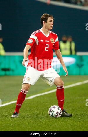 San Pietroburgo, Russia. Xvi Nov, 2019. Mario Fernandes della Russia visto in azione durante l'Euro 2020 turno di qualificazione gruppo i match tra Russia e Belgio a Gazprom Arena di San Pietroburgo. (Punteggio finale; Russia 1:4 Belgio) Credito: SOPA Immagini limitata/Alamy Live News Foto Stock