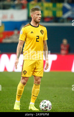 San Pietroburgo, Russia. Xvi Nov, 2019. Toby Alderveireld del Belgio visto in azione durante l'Euro 2020 turno di qualificazione gruppo i match tra Russia e Belgio a Gazprom Arena di San Pietroburgo. (Punteggio finale; Russia 1:4 Belgio) Credito: SOPA Immagini limitata/Alamy Live News Foto Stock