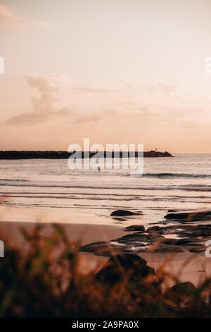 Stand Up Paddleboarding presso sunrise a tornitori Beach, Yamba Nuovo Galles del Sud. Foto Stock