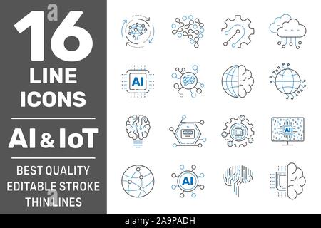 AI, IIot, Iot, cloud computing, cognitive computing industry 4.0 set di icone. Cyber sistemi fisici concetto di industria 4.0 e IA. Corsa modificabile Illustrazione Vettoriale