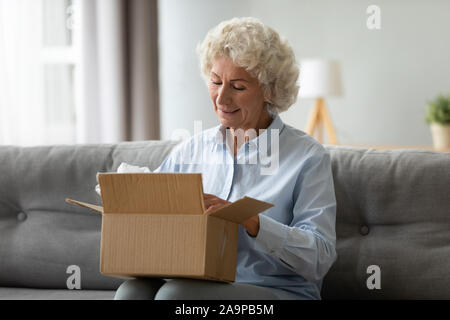 Sorridente donna anziana il cliente riceve il post spedizione pacco a casa Foto Stock