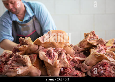 Bilarus, la città di Gomil, 26 aprile 2019. La fabbrica di carne. Macello. Fette di teste di maiale in una macelleria sfondo. Lavorazione delle carni suine Foto Stock