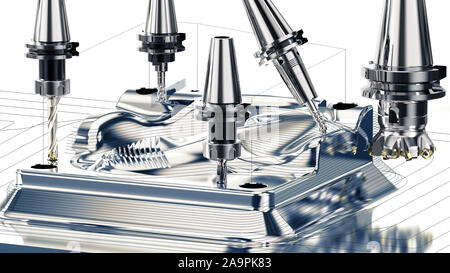 La metallurgia industriale il processo di taglio mediante la fresa, rendering 3D Foto Stock
