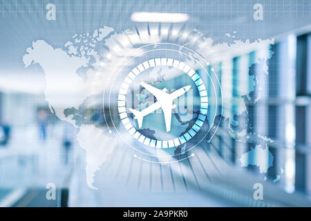 Aereo icona sulla schermata virtuale. Trasporto aereo percorso un concetto di rete. Business Travel Background Foto Stock