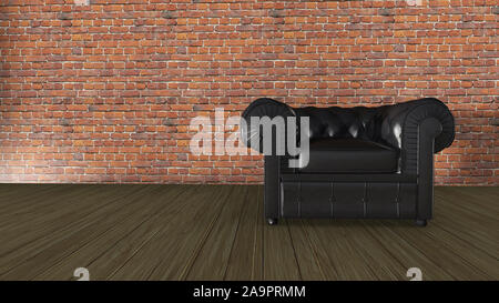 3D illustrazione poltrona in pelle su una rossa muro di mattoni Foto Stock