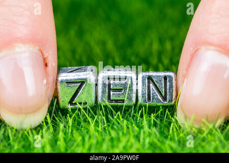 Chiudere fino sulla parola ZEN scritto in lettere di metallo prevista sull'erba e trattenuto tra le dita di una donna. Concetto di sfondo wellness Foto Stock