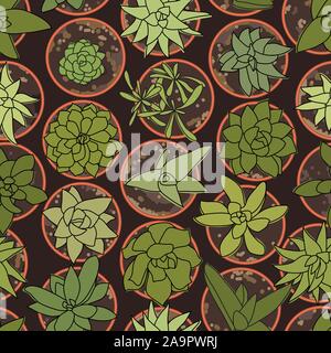 Cactus verde in vasi top-visualizzare pattern su sfondo marrone Illustrazione Vettoriale