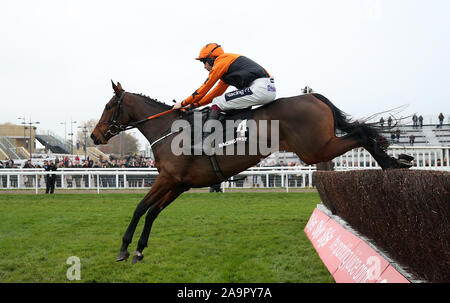 Mettere il bollitore sulla cavalcato da Aidan Coleman in Arkle Trophy Trial novizi' Chase durante la riunione di novembre a Cheltenham Racecourse, Cheltenham. Foto Stock