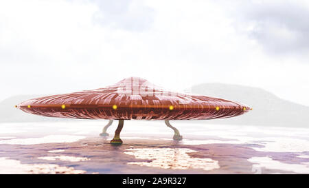 UFO sulla superficie colorata di un pianeta alieno, science fiction scena con astronave aliena Foto Stock