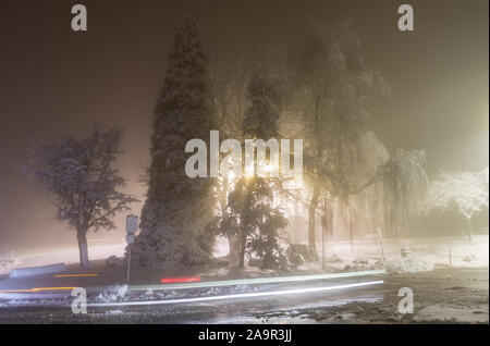 Vicolo di Inverno nel parco e lanterne splendente. Night Shot. Winter Wonderland. Foto Stock