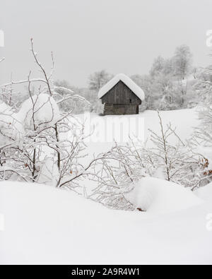 Minimalista paesaggio invernale con casa in legno in montagna innevata. Tempo attuale nuvoloso, fotografia di paesaggi Foto Stock